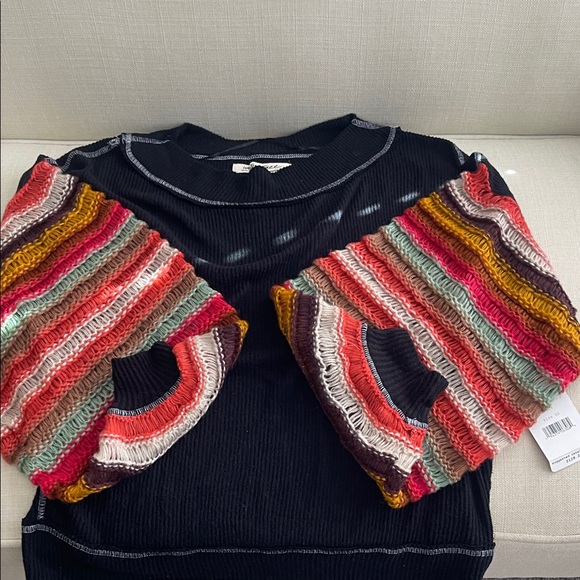We The Free Black Sweater with Vibrant Striped Sleeves - Picture 2 of 3